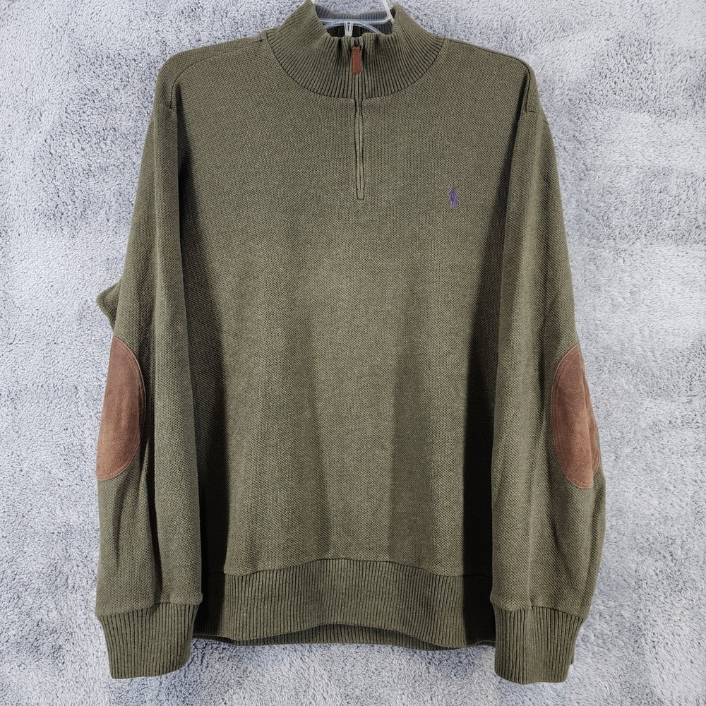 Polo‎ Ralph Lauren Sweater Mens XXL Green 1/4 Zip Pullover Elbow Patches Pony